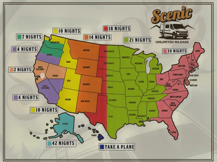 Scenic RV rental map of the US, showing color-coded regions with recommended trip durations in nights for road trips.. Mercedes-Benz Sprinter 2025