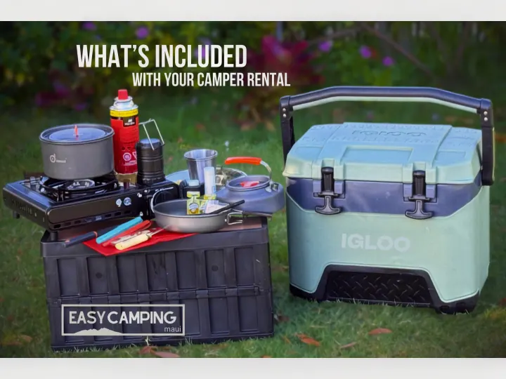 RV rental includes essential camping kitchen gear: portable stove, cookware, and Igloo cooler for outdoor meals.. Jeep Wrangler 2025