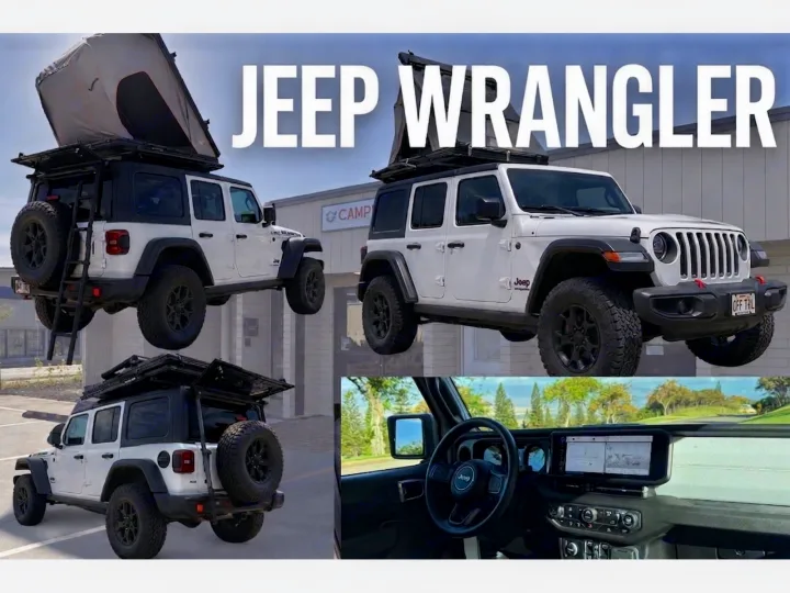 White Jeep Wrangler with a rooftop tent, perfect for an rv rental or off-road camping. Multiple views show its exterior and interior.. Jeep Wrangler 2025