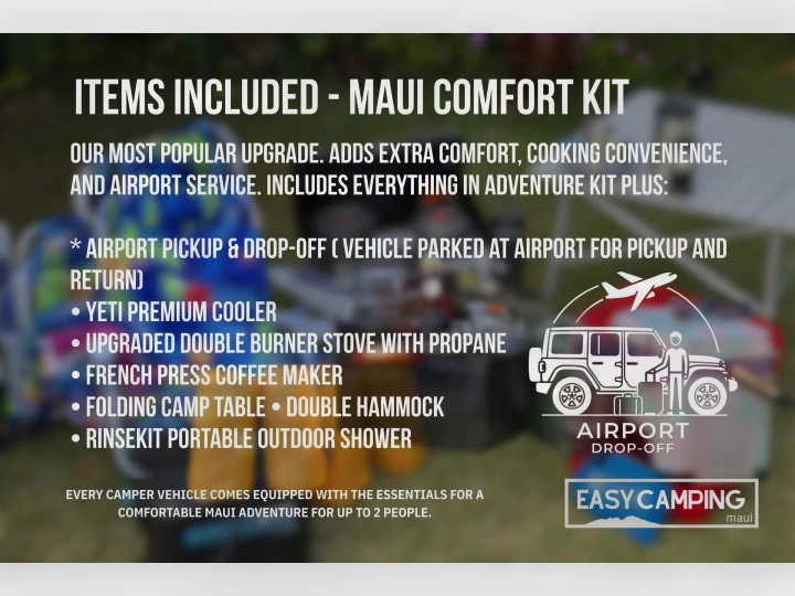 Upgrade your Maui RV rental! The Comfort Kit adds premium camping gear, cooking convenience, and airport service for your adventure.. Jeep Wrangler 2025