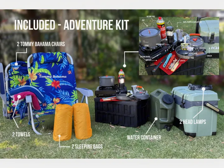 Complete RV rental adventure kit: 2 Tommy Bahama chairs, sleeping bags, full cooking station, cooler, and headlamps.. Jeep Wrangler 2025