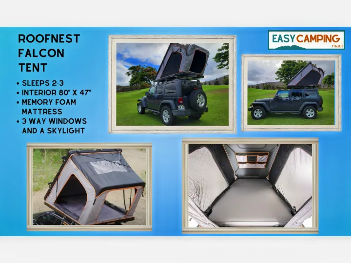Grey Roofnest Falcon rooftop tent on a Jeep, shown open with a cozy interior. Ideal for an RV rental adventure.. Jeep Wrangler 2025