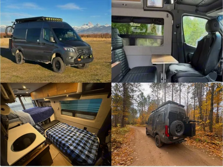 A rugged Mercedes-Benz Sprinter camper van, ideal for RV rental adventures. Features off-road exterior and functional interior with beds.. Storyteller Overland Storyteller Overland Class B 2024