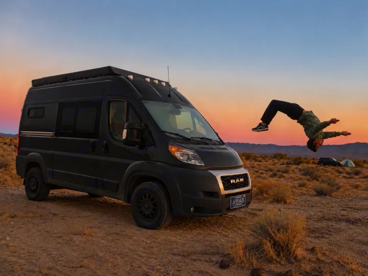 Epic desert adventure! This black RAM camper van (an RV rental) is parked as someone backflips against a vibrant sunset.. Dodge Ram 1500 2020