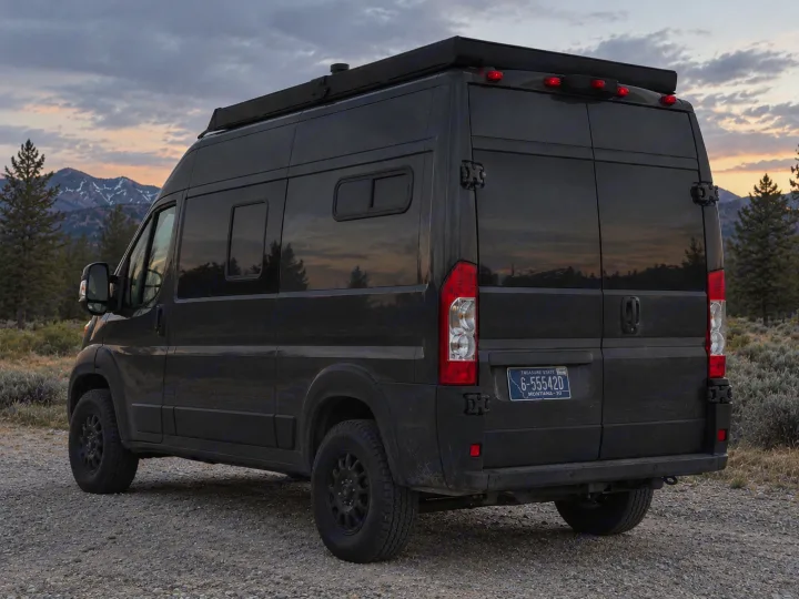 Black RV rental camper van on gravel, parked against a scenic Montana mountain backdrop with pine trees and cloudy sky.. Dodge Ram 1500 2020
