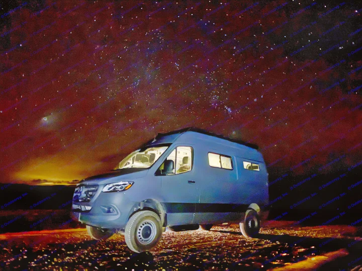 Night sky adventure in a dark blue RV rental camper van, parked under a brilliant starry sky with illuminated interior.. Mercedes-Benz Sprinter 2023