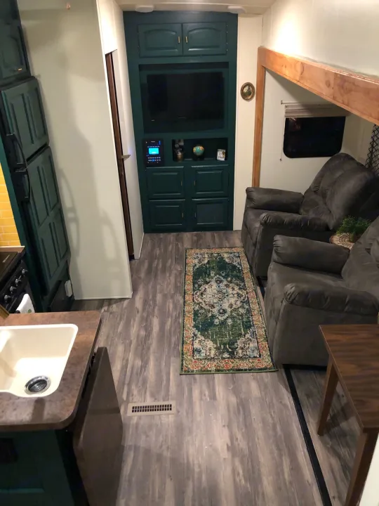 landscape view of kitchen and living room. Forest River Flagstaff Classic Super Lite 2014