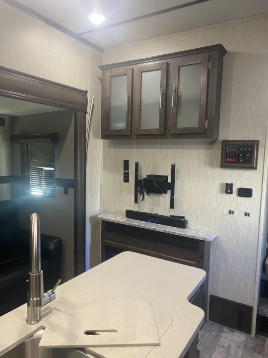 TV Hookups, Fireplace, and Sound system for inside and outside Blue tooth. . Crossroads RV Volante 2019