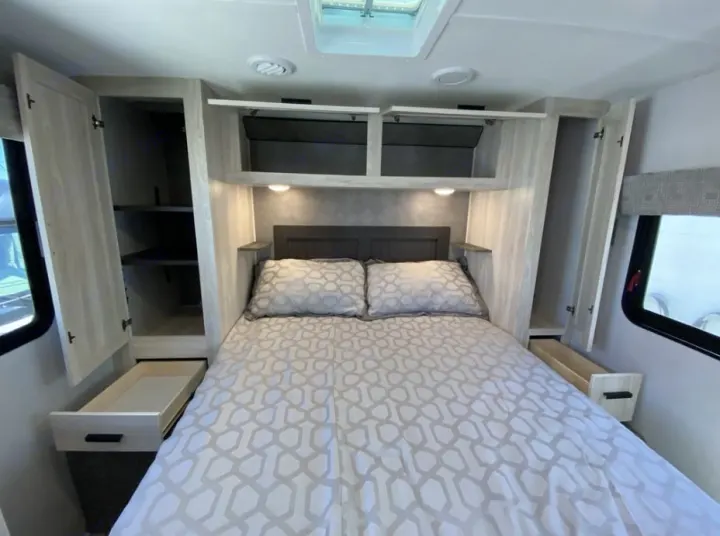Queen bed with memory foam mattress . Forest River Sunseeker SLE 2023