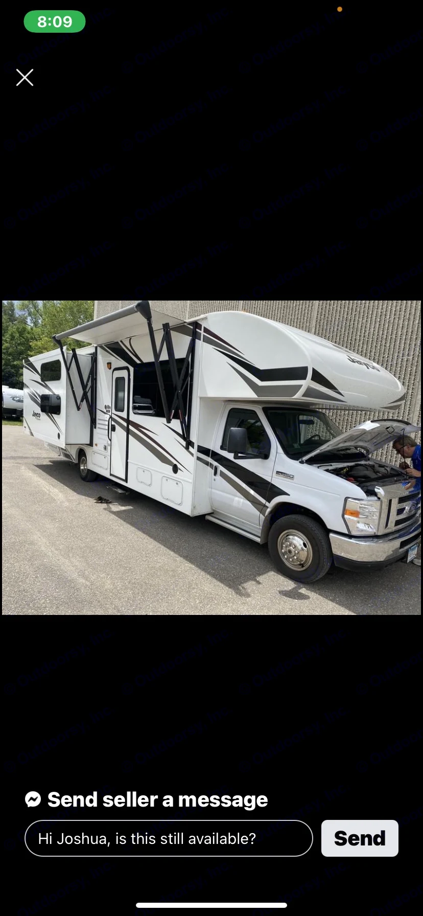 RV for sale: A white Jayco motorhome with slide-out & awning, undergoing engine maintenance. Ideal for an rv rental.. Jayco Redhawk 2019
