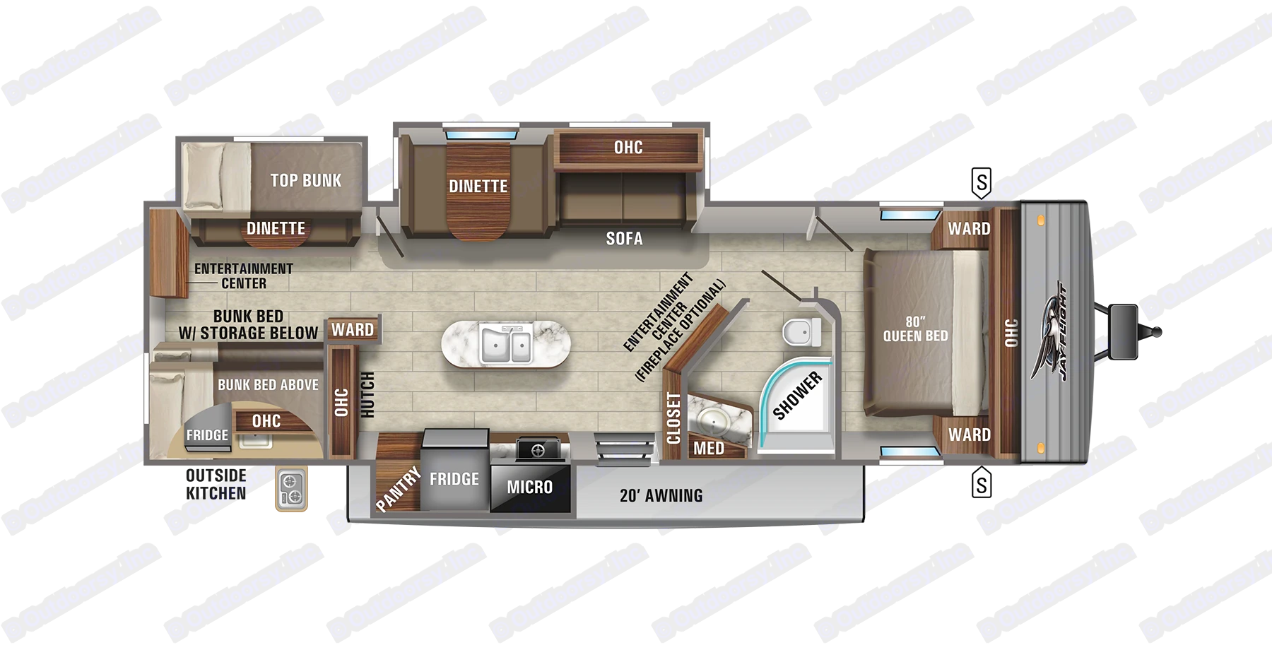 RV rental floor plan: A detailed overhead view of a Jay Flight travel trailer, showing queen bed, bunks, kitchen, and living areas.. Jayco Jay Flight 2021