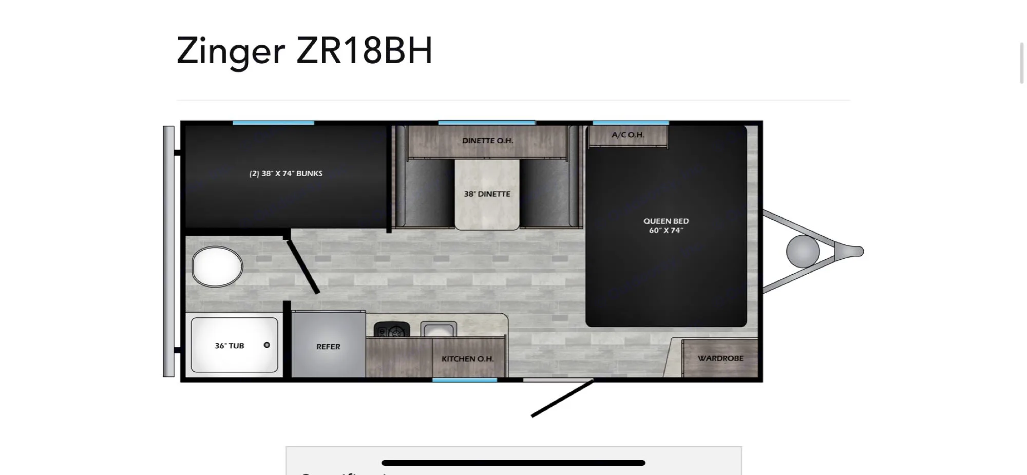 Explore the Zinger ZR18BH RV rental floor plan: queen bed, bunks, dinette, kitchen, & bath. Great for family adventures. Crossroads Zinger 2021