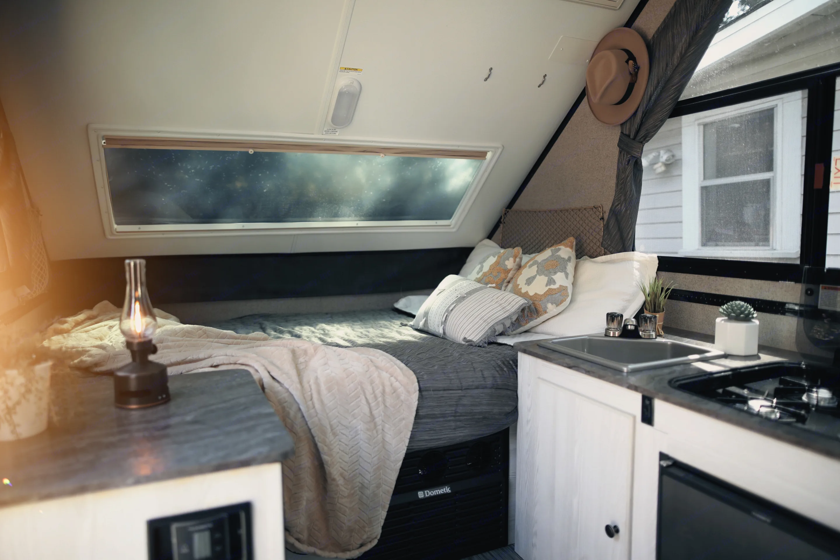 This queen size bed makes for a great night sleep!. Forest River Rockwood Premier 2019