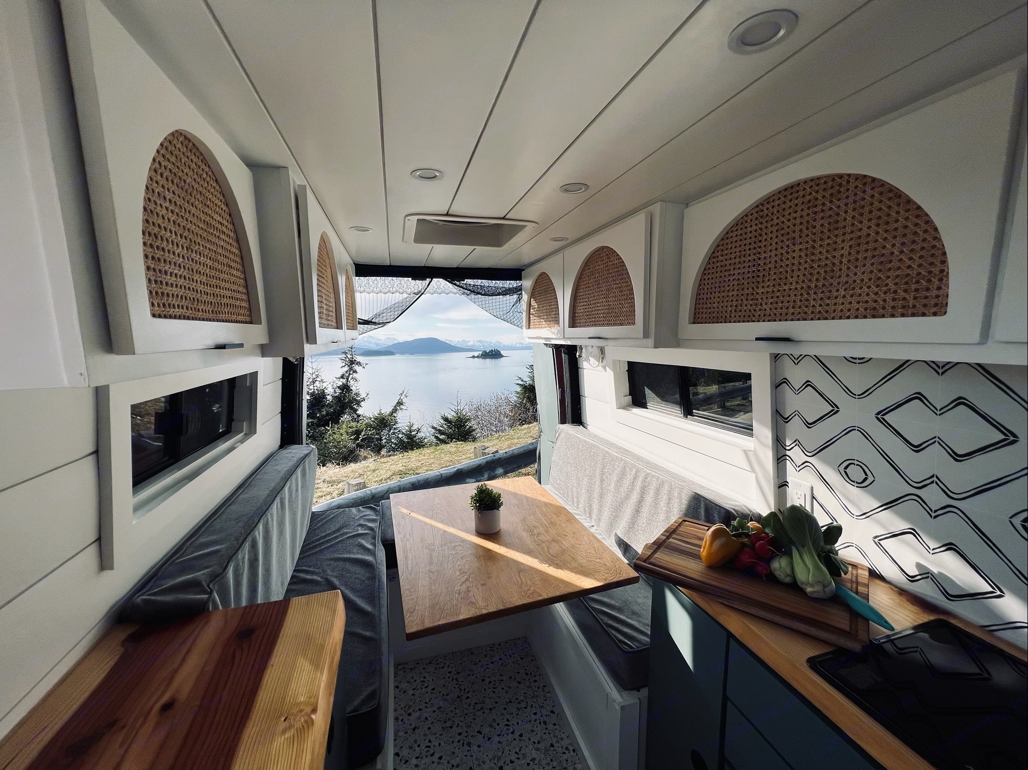 View out the back of the van with dining table up. Freightliner Sprinter 2011