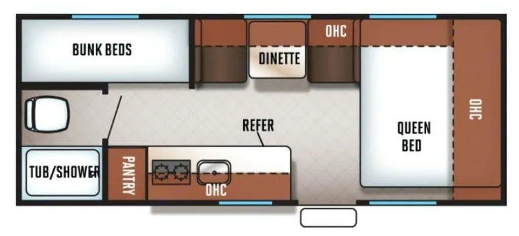 This RV rental floor plan displays a queen bed, bunk beds, dinette, kitchen, and full bathroom.. Forest River Cherokee Wolf Pup 2018