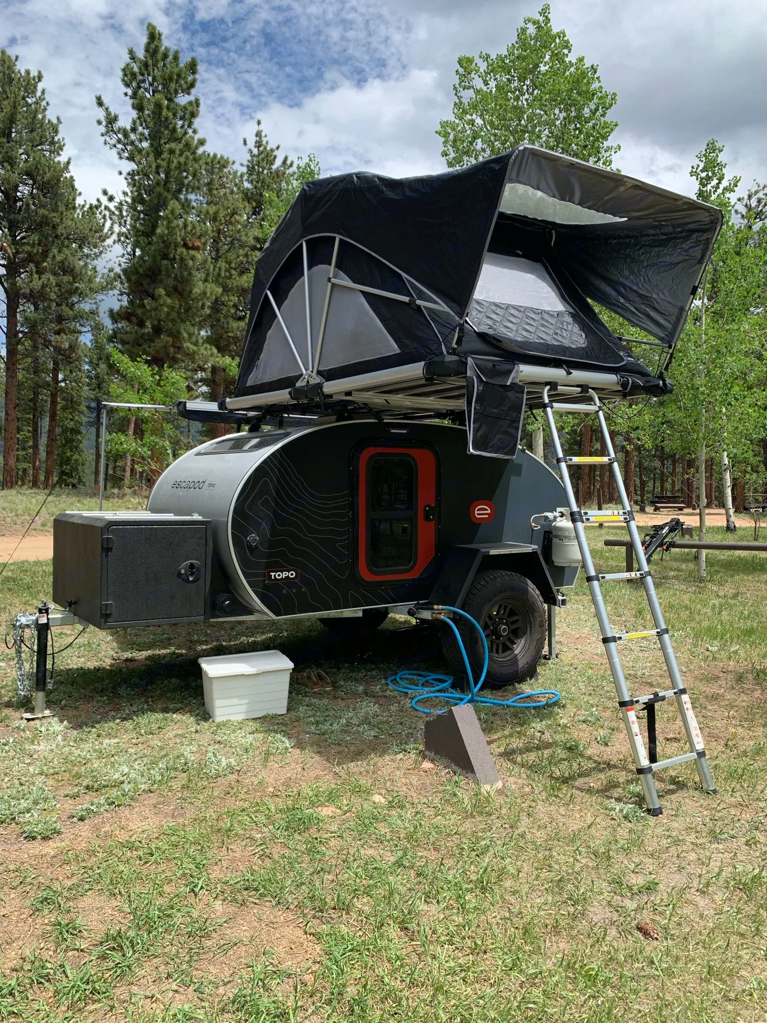 Spacious rooftop tent unfolds in moments.
Camping near Bailey, CO - Meridian Campground. Escapod Topo Original 2022