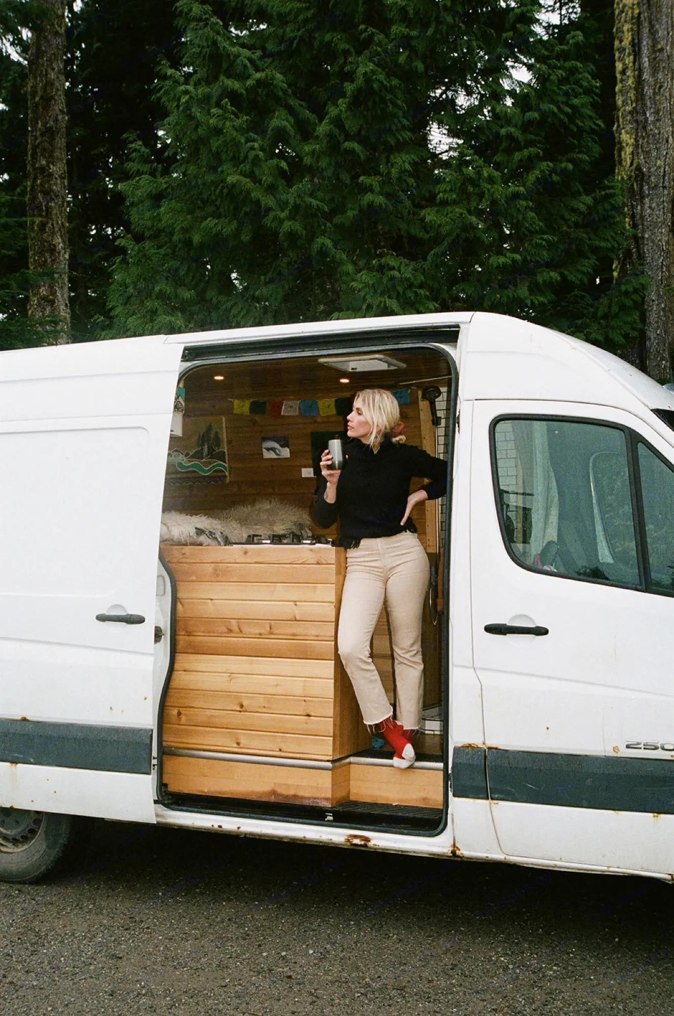 RV rental: Woman stands in a white conversion van doorway, showcasing its cozy wood interior.. Dodge Sprinter Van 2007