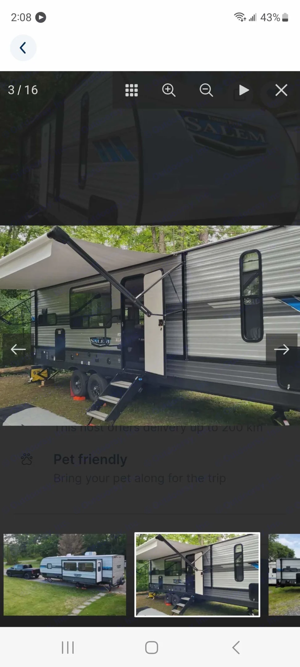 Pet-friendly RV rental: A Salem travel trailer with an extended awning and entry steps, parked in a natural setting for camping.. Forest River Salem 2022