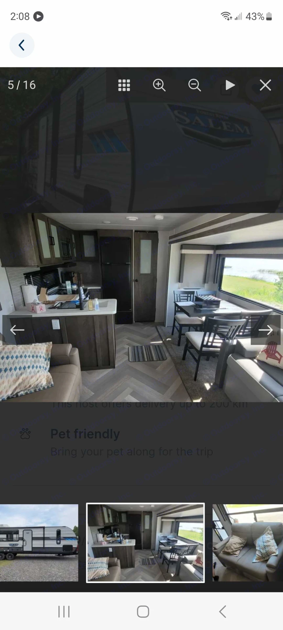 This RV rental listing shows a pet-friendly Salem travel trailer with a spacious interior, including kitchen, dining, and living areas.. Forest River Salem 2022