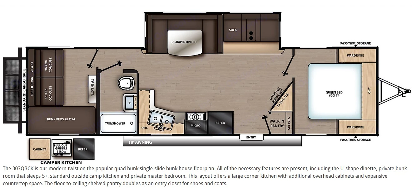 RV rental floorplan showing a spacious bunkhouse, queen bed, kitchen, bath, and dinette for family adventures.. Forest River Coachmen Catalina Legacy 2022