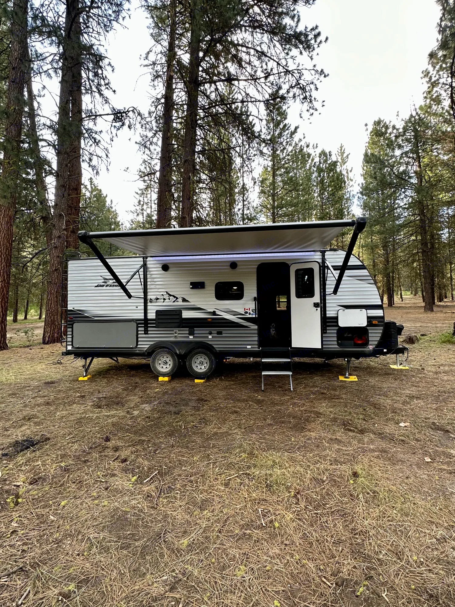Spacious travel trailer RV rental perfectly set up in a serene pine forest campsite, ready for adventure.. Jayco Jay Flight 2023