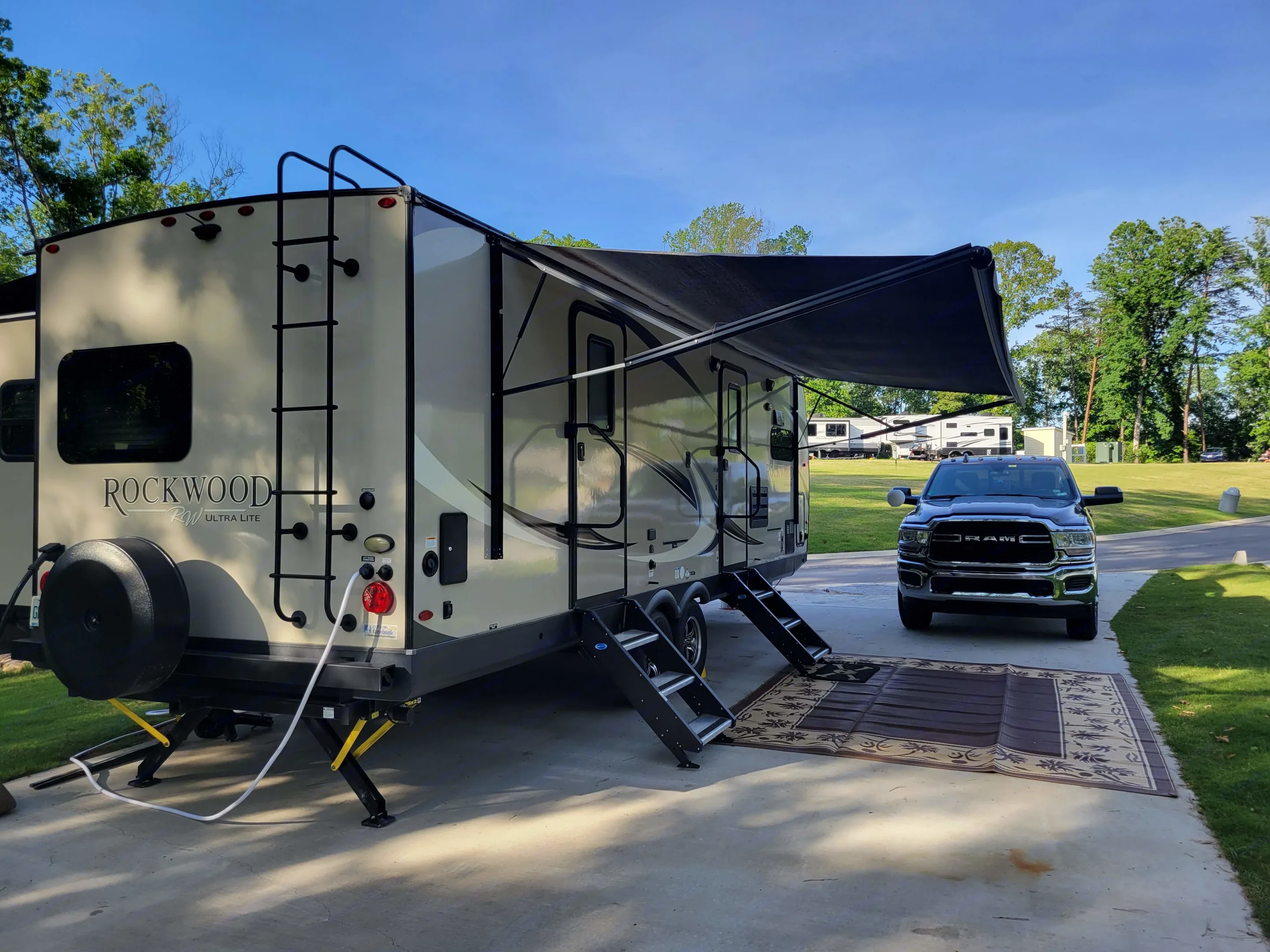Two Entryways, one into the main cabin and one into your private bedroom. 21ft awning provides plenty of shade! Also pushbutton stabilizers!. Forest River Rockwood Ultra Lite 2020