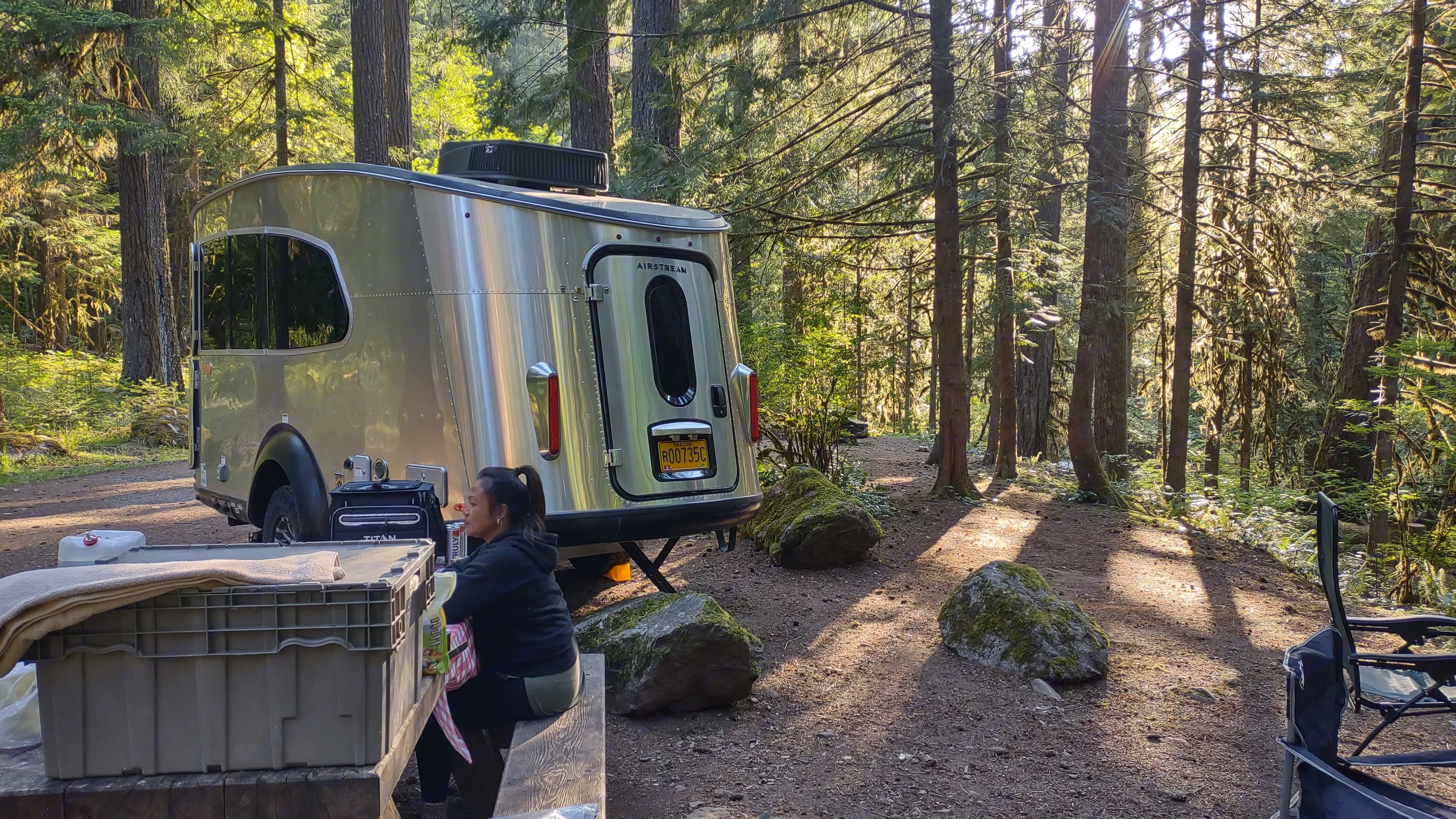 A silver Airstream travel trailer (rv rental) parked at a sunny forest campsite, with a person sitting at a picnic table.. Airstream Basecamp 2022