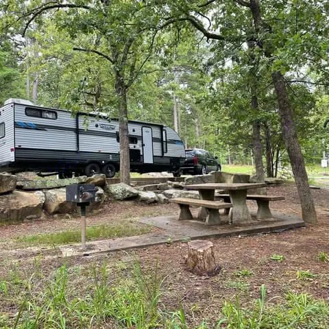 RV rental set up at a wooded campsite, featuring a concrete picnic table and grill for outdoor enjoyment.. Forest River Salem Cruise Lite 2021