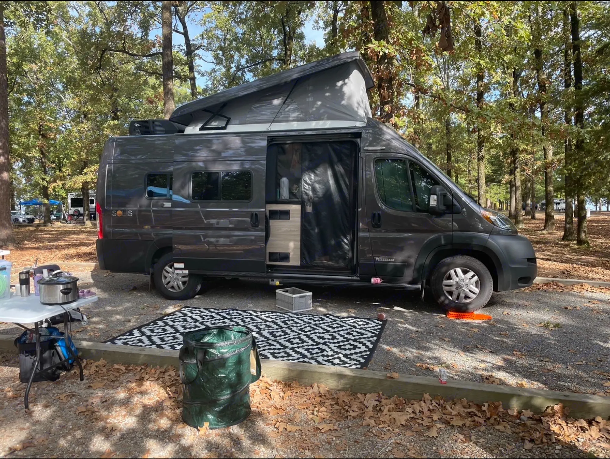 Camp set up in Hot Springs Arkansas prior to awning installation.. Winnebago Solis 2023