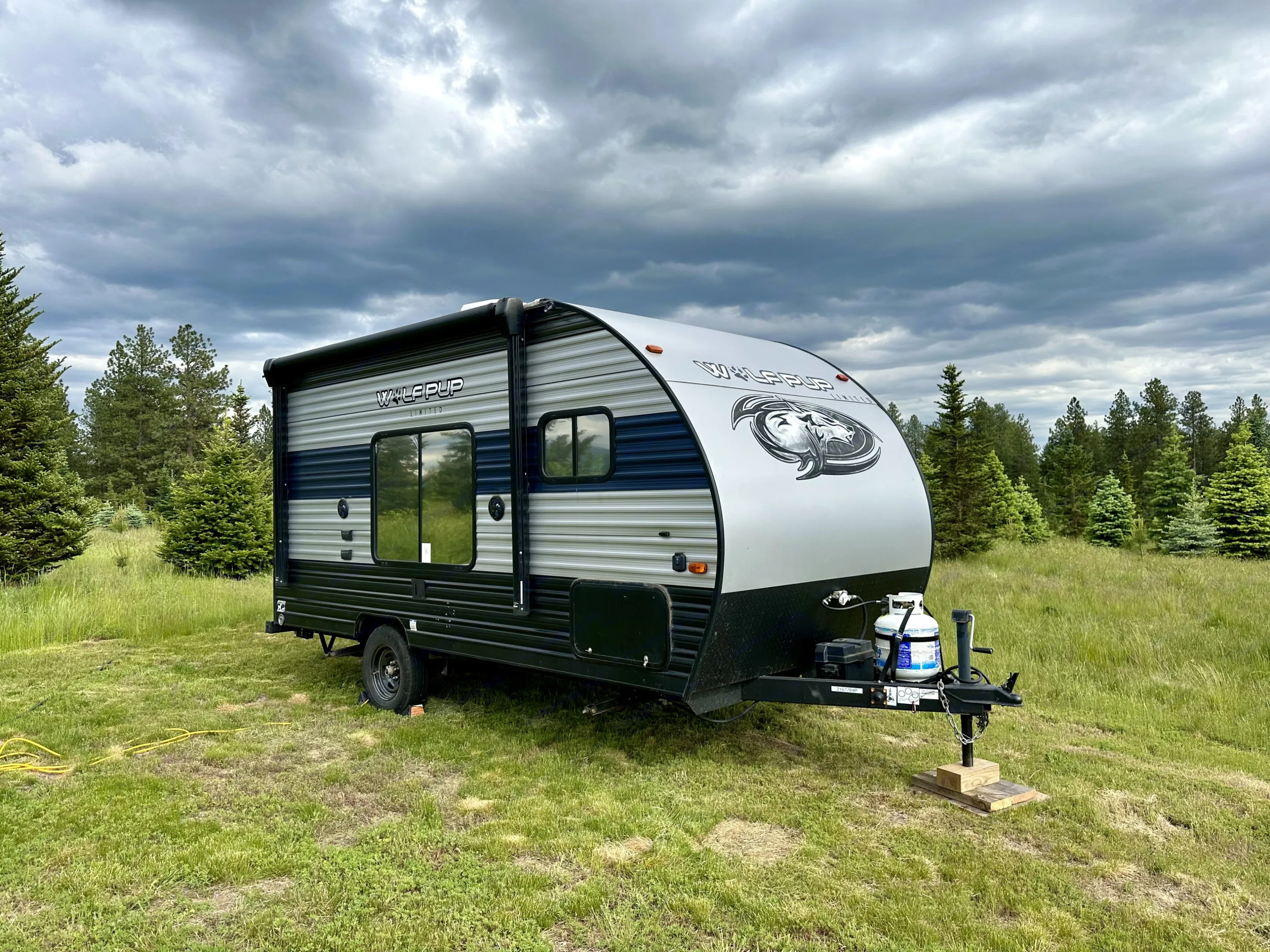 Experience nature with our RV rental! A 'Wolf Pup' travel trailer is set in a green field with pine trees under cloudy skies.. Forest River Cherokee Wolf Pup 2020