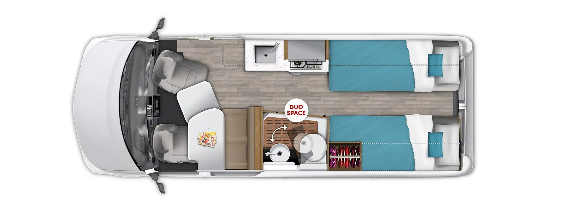 Duo space - shower and toilet, dryest wetbath in a Class B. Note the Twin bed layout. Our two kayaks fit between the twin beds!. Roadtrek PIVOT SLUMBER 2024