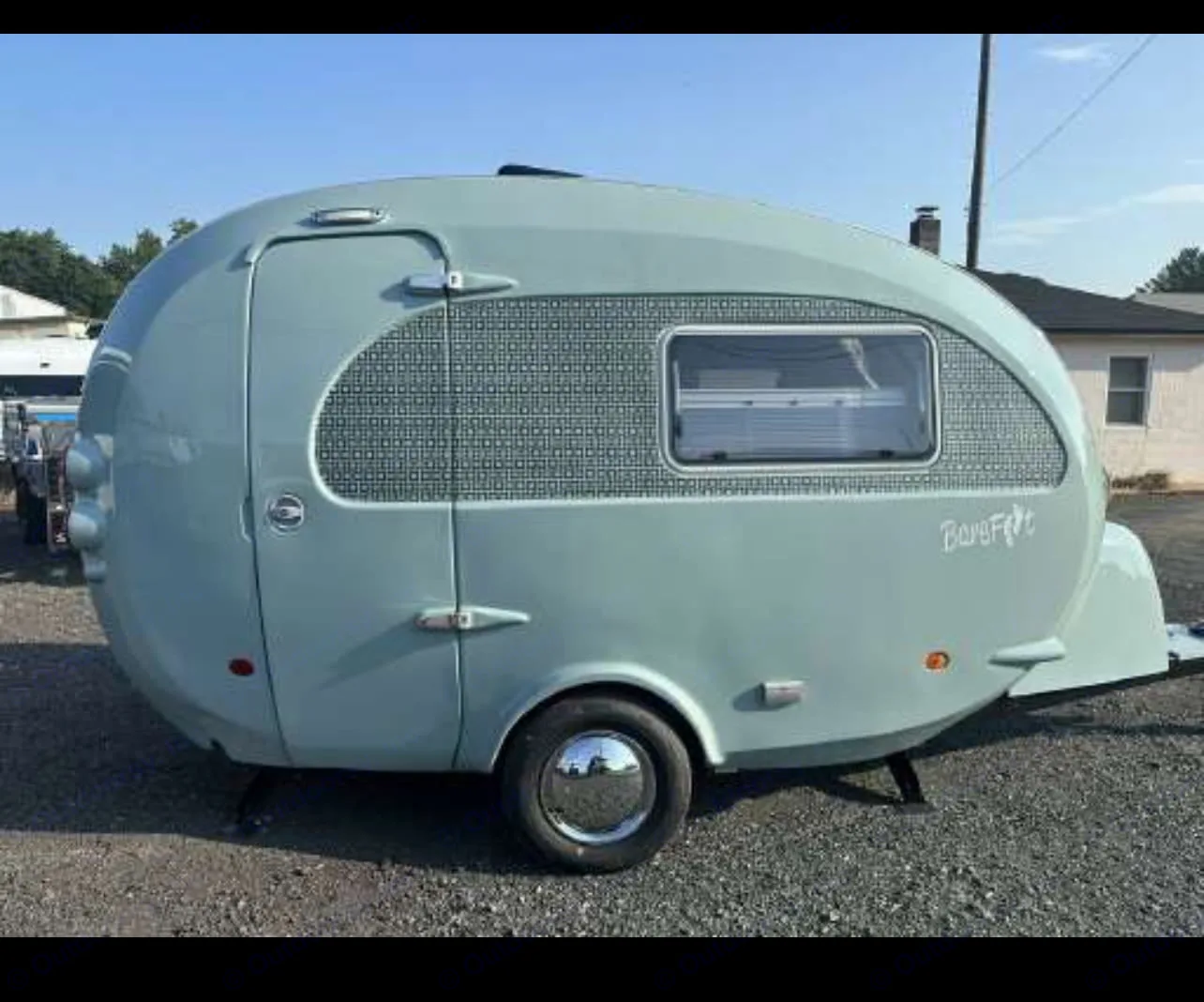 Light blue Barefoot vintage travel trailer, perfect for an RV rental adventure.. nuCamp Barefoot 2022