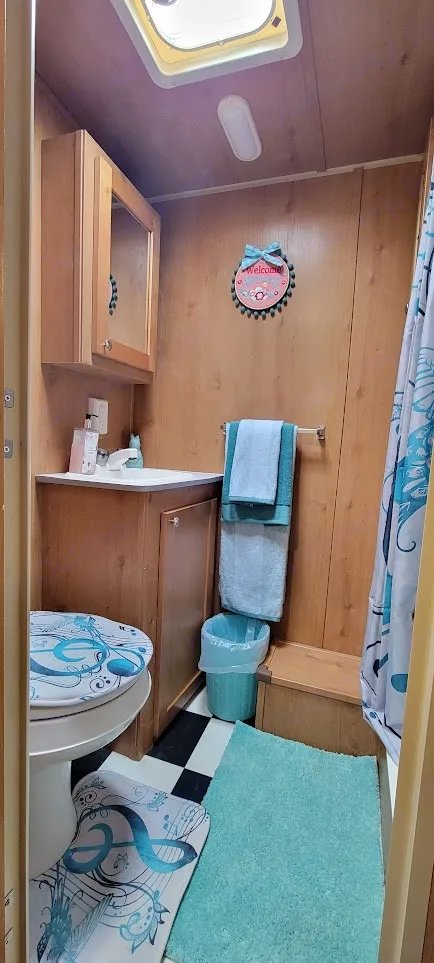 This full bathroom features a walk in shower, undersink and side storage and an overhead bathroom fan. A full length door mirror with hooks and medicine cabinet with shampoo too.. Riverside RV Retro 2019