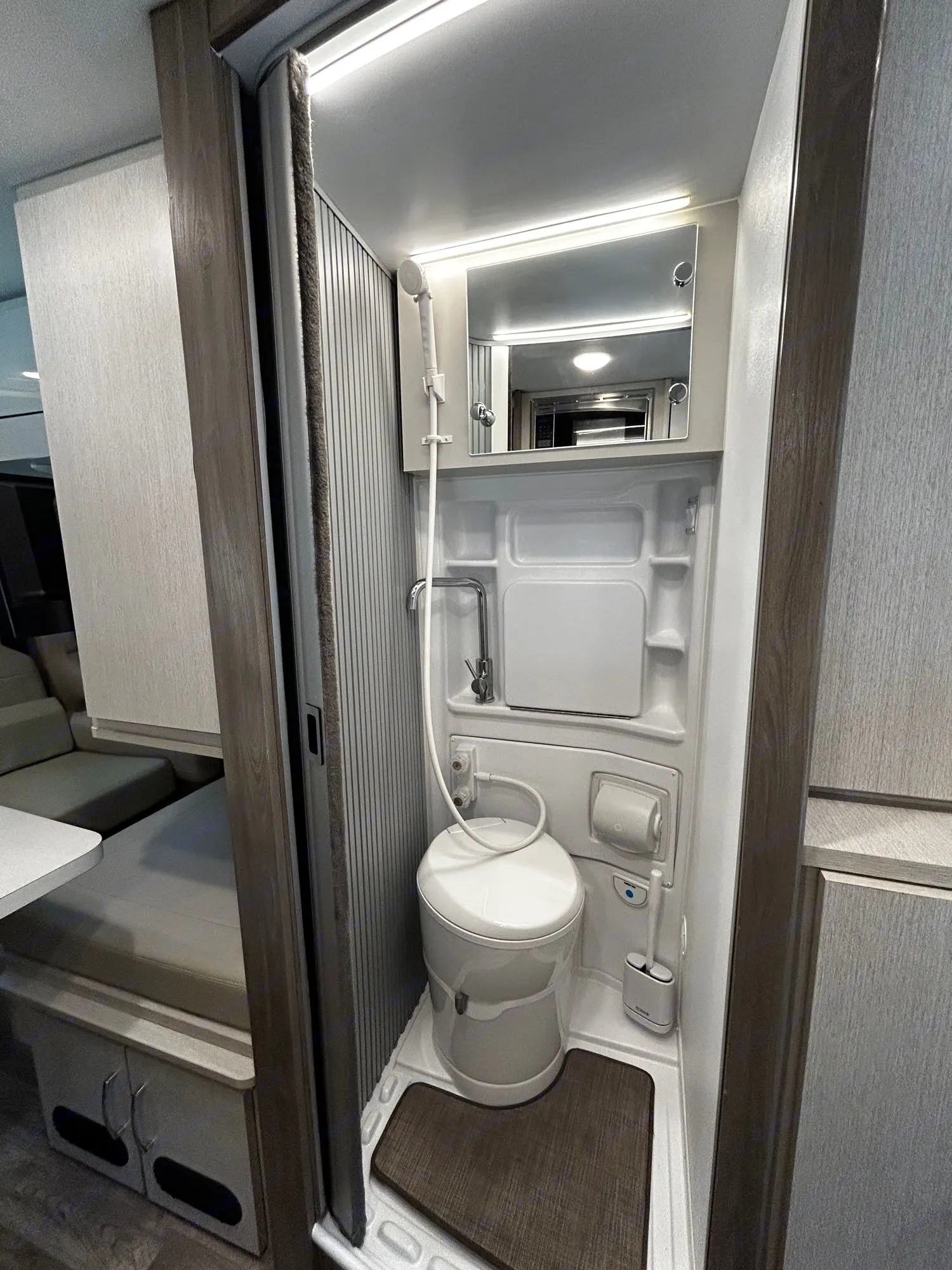Wet bath with toilet and sink. Inside the medicine cabinet you’ll find extra toilet paper, cleaning supplies and a first aid kit.. Thor Tellaro 2024