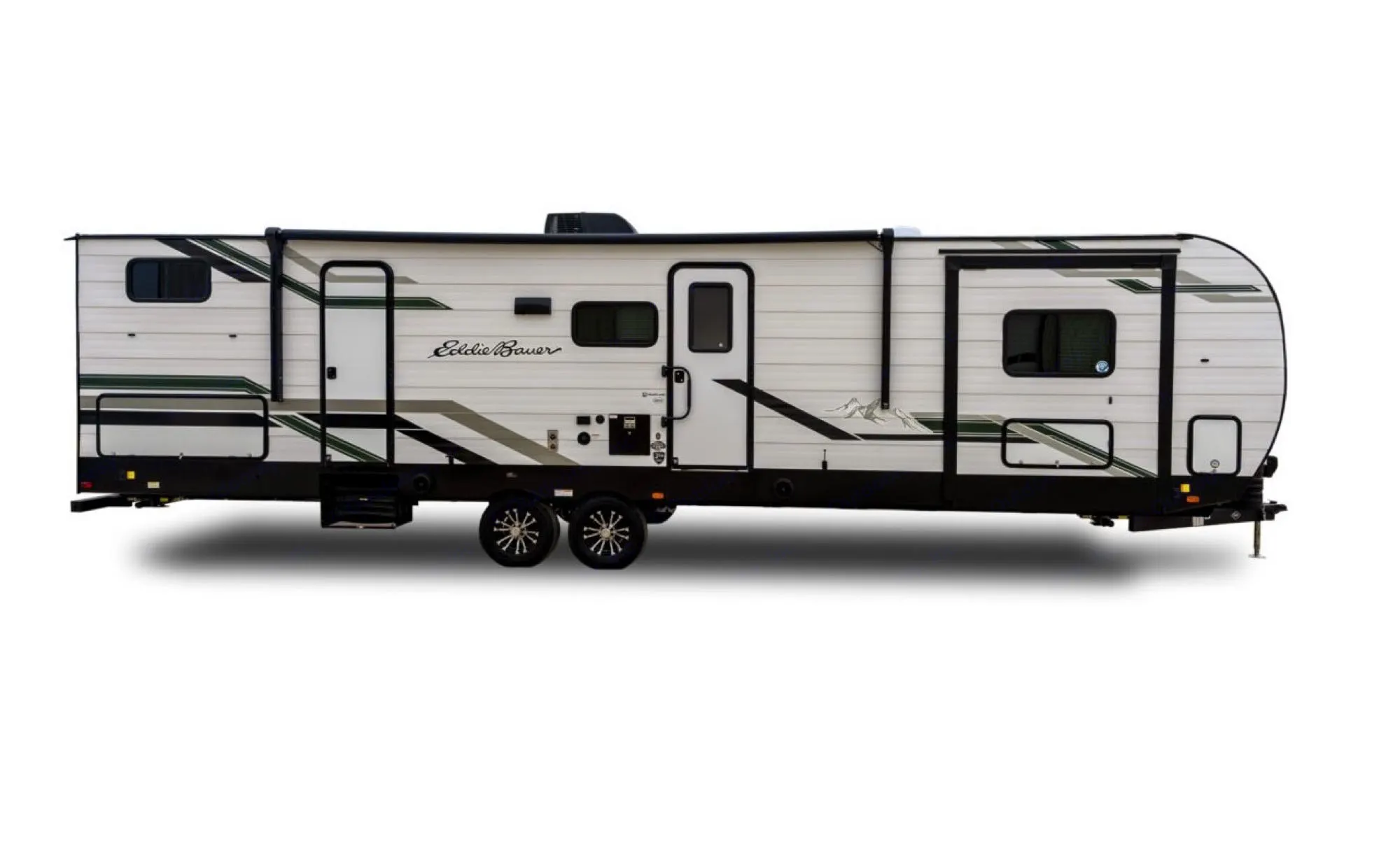 White Eddie Bauer travel trailer, an ideal RV rental with green/grey mountain graphics, perfect for camping.. Heartland RVs Eddie Bauer BHS 34 2024