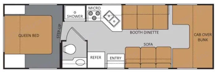RV rental floor plan showing a queen bed, shower, microwave, sink, refrigerator, booth dinette, sofa, and cab over bunk.. Thor Majestic 2017