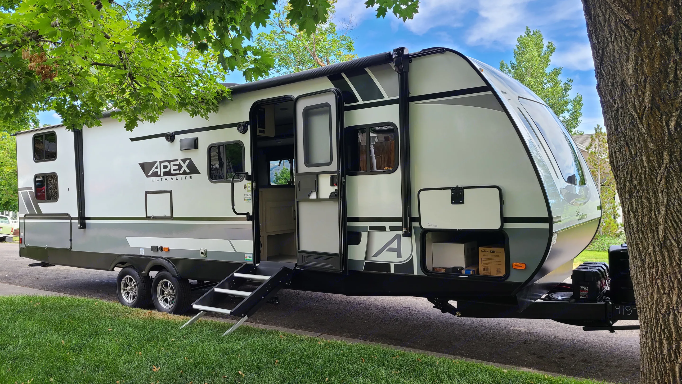 This sleek Apex Ultralite travel trailer, perfect for your next RV rental adventure, is ready for a getaway.. Coachmen Apex 2021