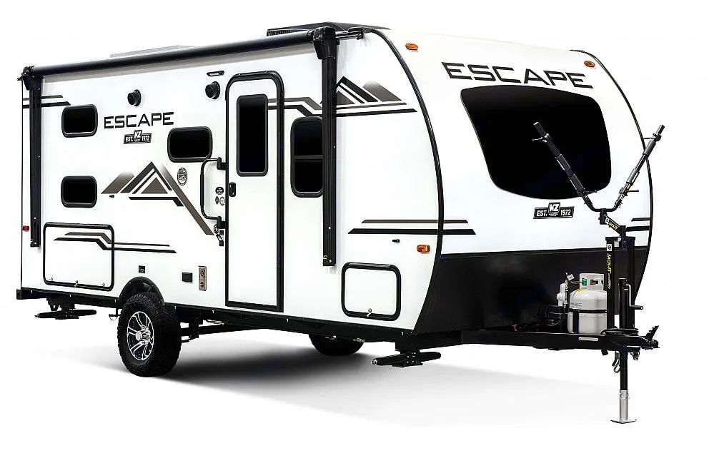 This modern white 'ESCAPE' travel trailer, perfect for an RV rental, features an awning and front window.. KZ Escape 2021