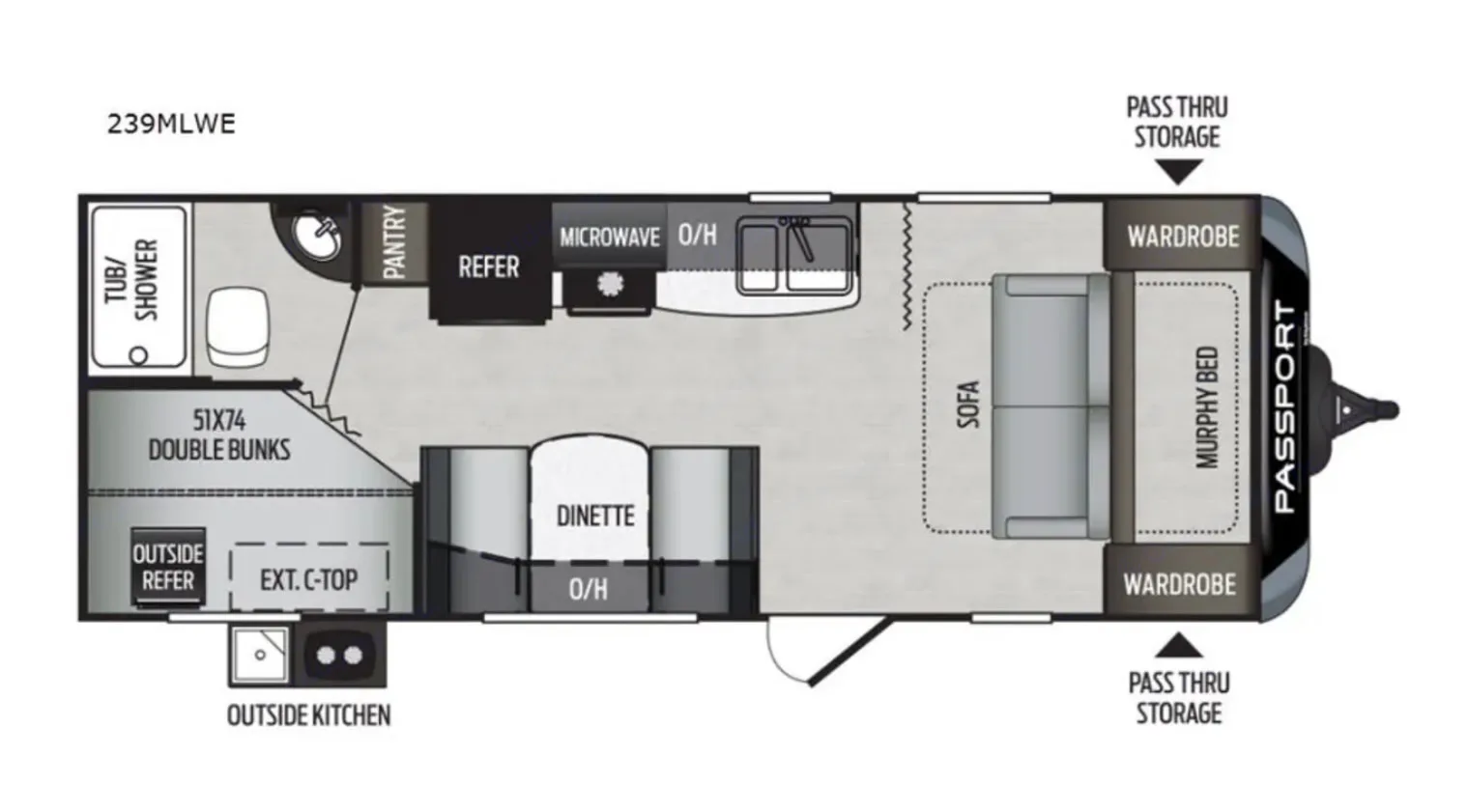 PLEASE NOTE: We removed the 2nd dinette booth near entrance and there is no bunk above the double bed.. Keystone RV Passport Ultra Lite 2019