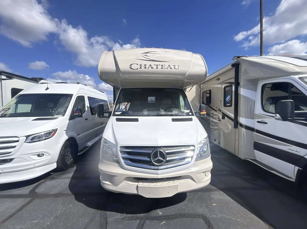 Explore RV rental options: Chateau Class C motorhome, Mercedes-Benz Sprinter van, and other RVs parked outside.. Thor Chateau Sprinter 2018