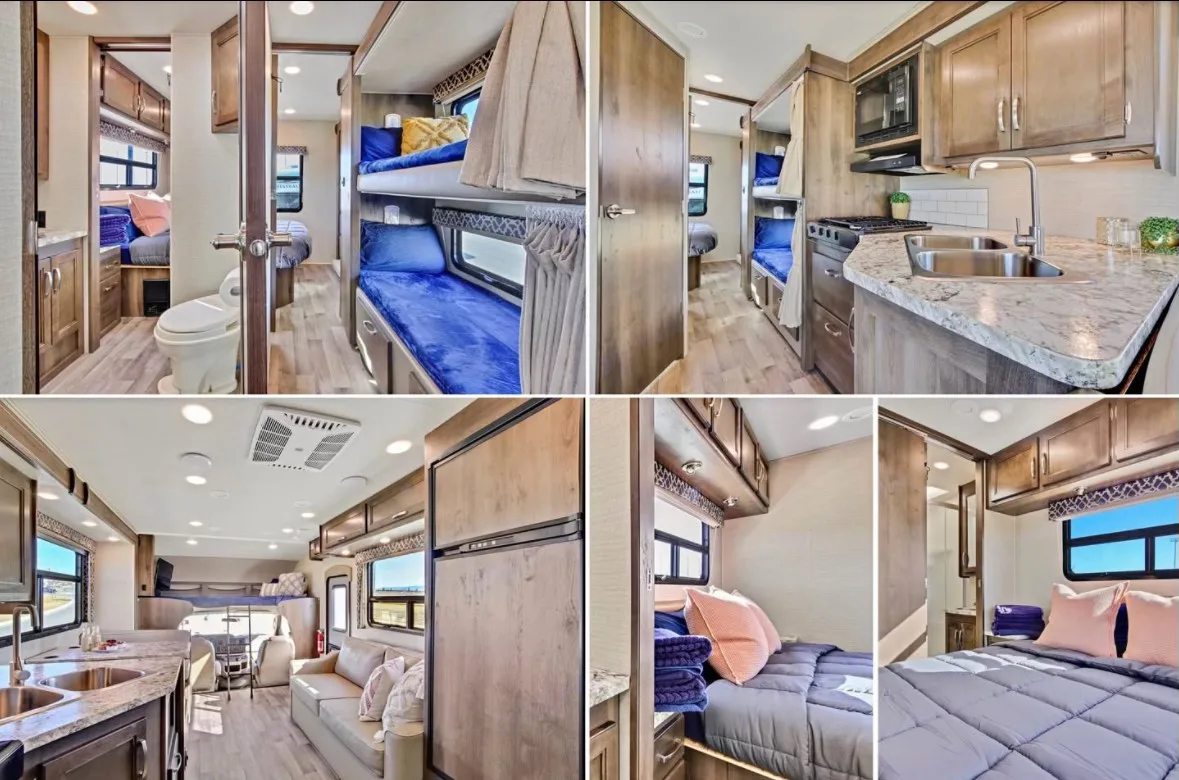 Tour this roomy RV rental interior, showcasing its kitchen, bunk beds, master bedroom, bathroom. Jayco Redhawk 2019