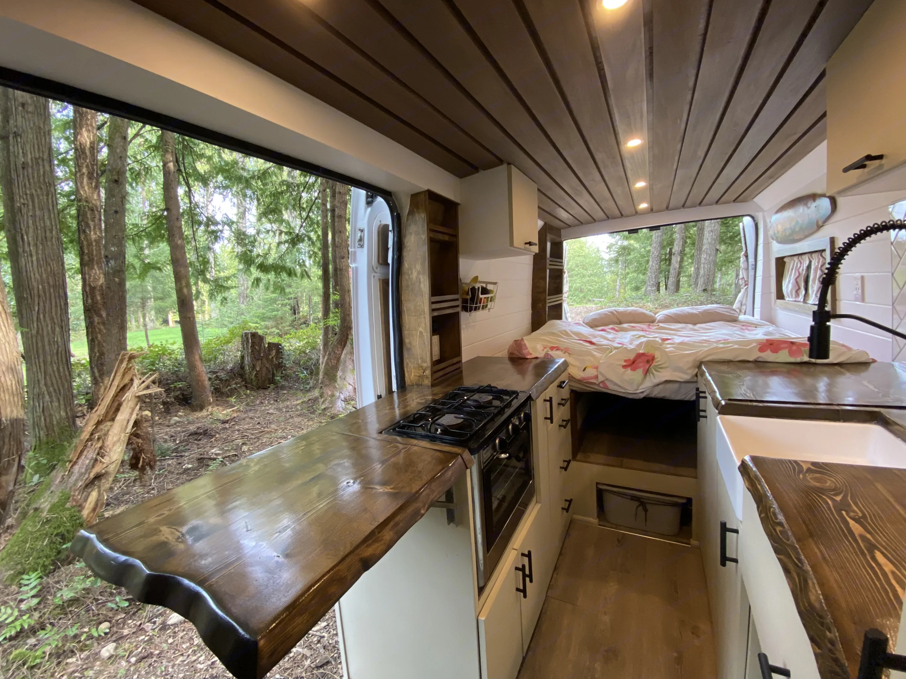 Cozy RV rental camper van with a full kitchen, comfortable bed, and scenic forest views outside.. Ram Promaster 2018
