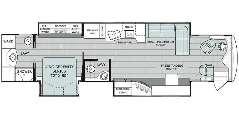 Detailed RV floor plan illustrating a spacious motorhome layout with king bed, full kitchen, and multiple living areas, perfect for RV rental.. Holiday Rambler Endeavor 2018