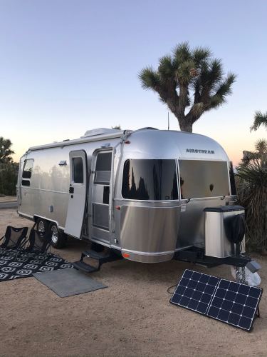 sleek airstream with a queen bed; yucca valley