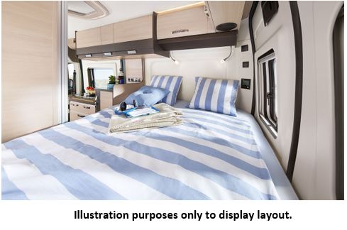 RV rental: See this cozy camper bedroom with blue & white striped bedding, overhead storage, and a bright window.. Fiat Vantana K65FT 2018