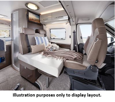 Spacious RV rental interior with convertible bed & swivel seats, showcasing a comfortable, versatile living space.. Fiat Vantana K65FT 2018
