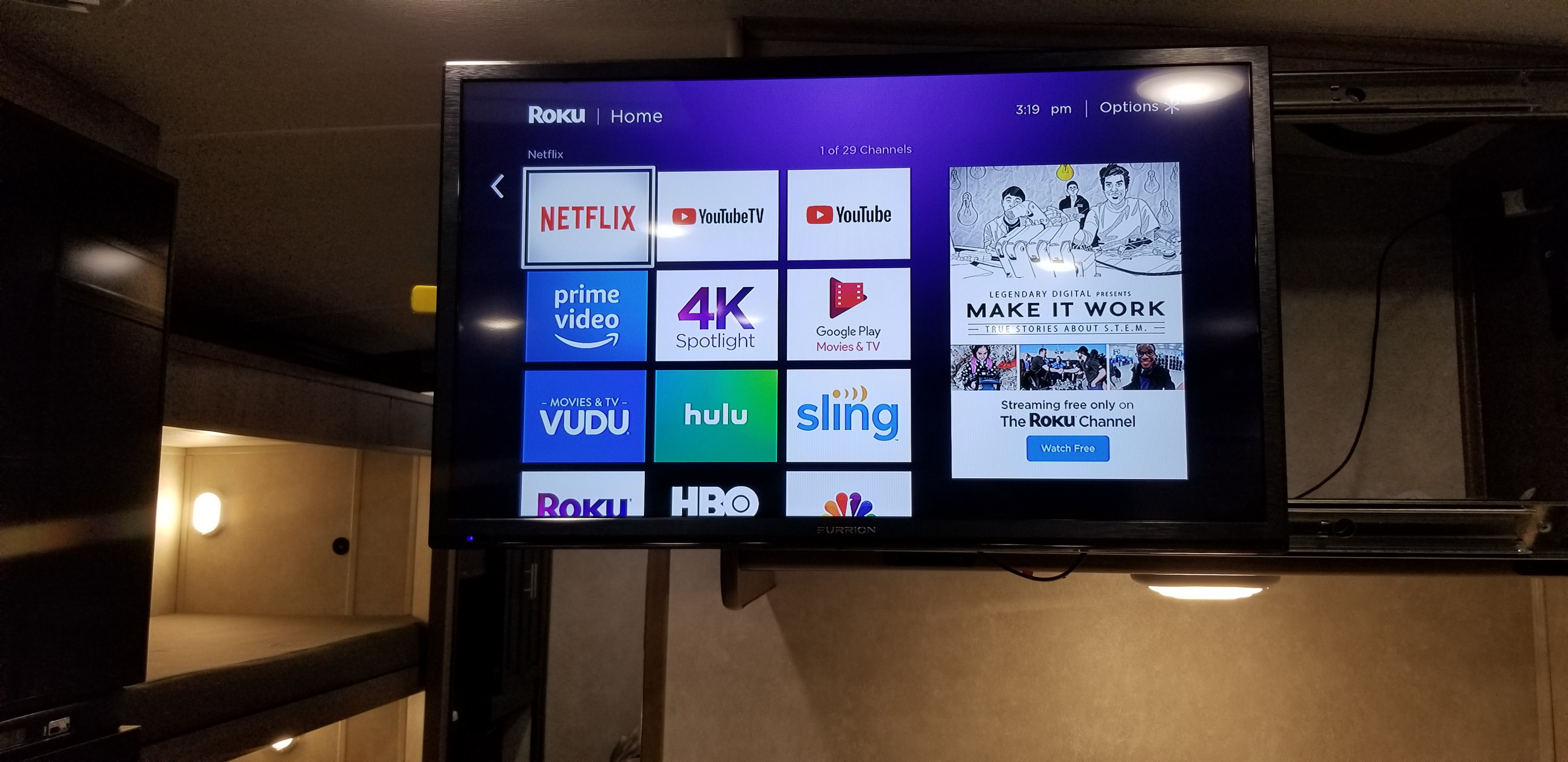 Roku TV Home screen with streaming apps (Netflix, Hulu, Prime Video) inside an RV rental for convenient entertainment.. Forest River Fr3 2021