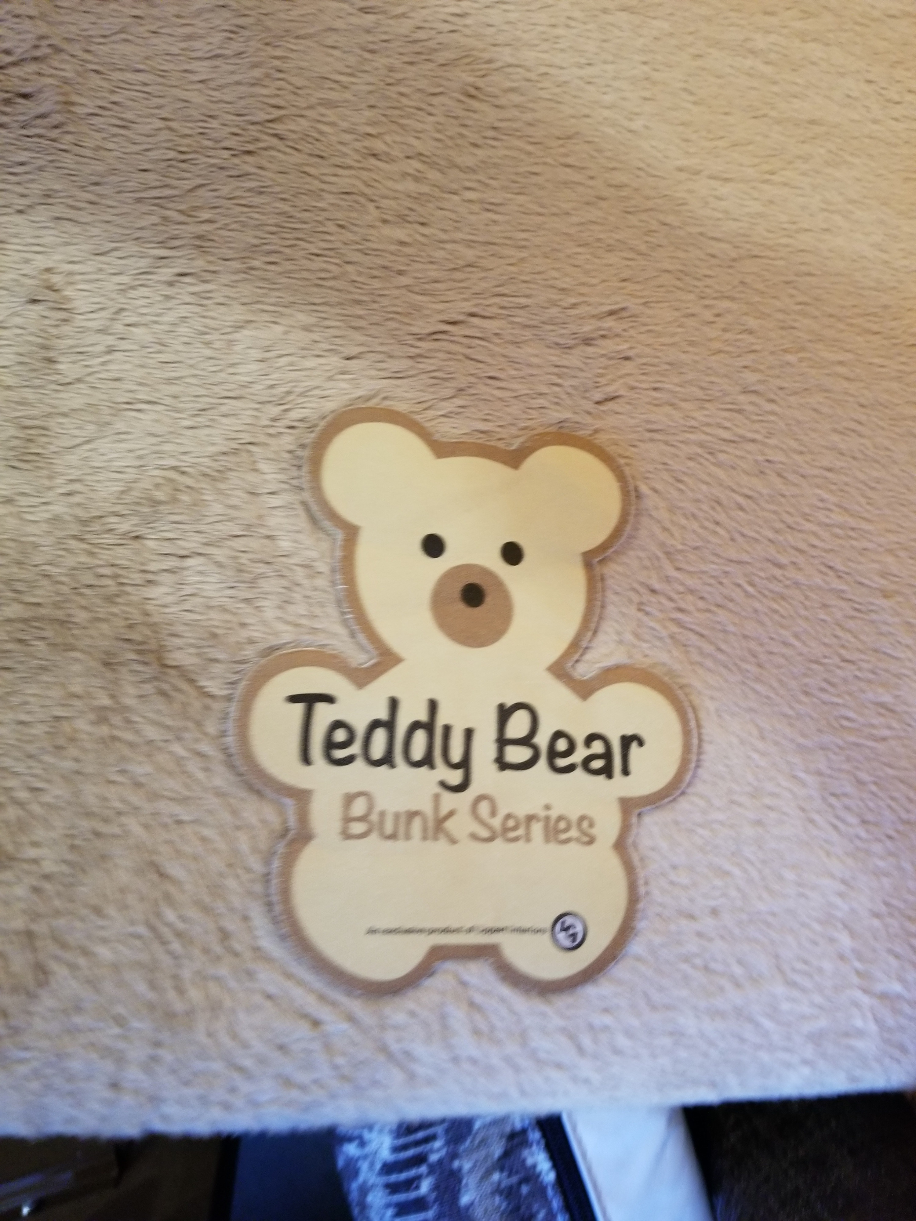 "Teddy Bear Bunk Series" bedding label on soft, furry fabric, perfect for your RV rental.. Jayco Jay Feather 2018