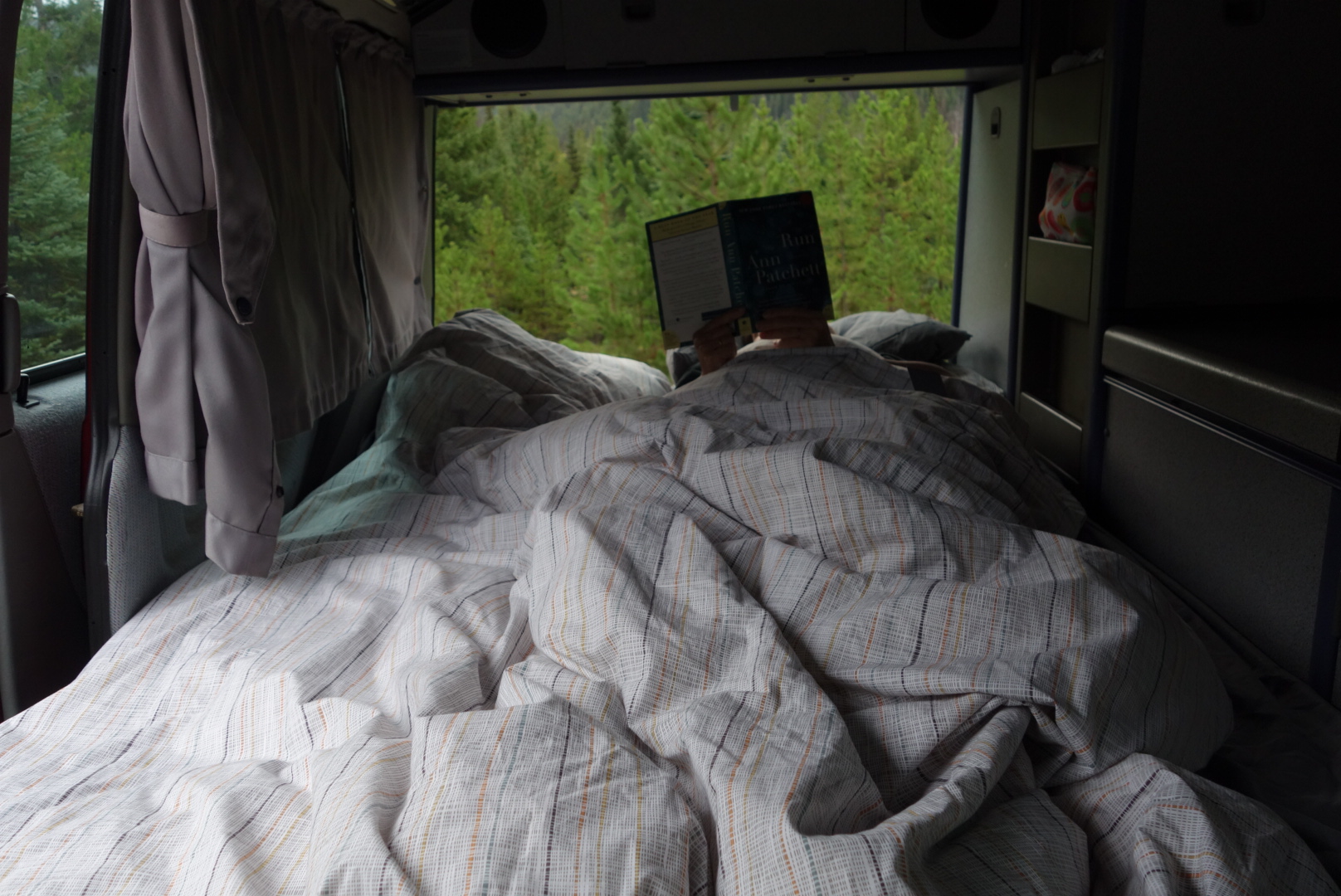 Cozy RV rental bed inside a camper, with a person reading and forest views.. Volkswagen Westfalia 1992