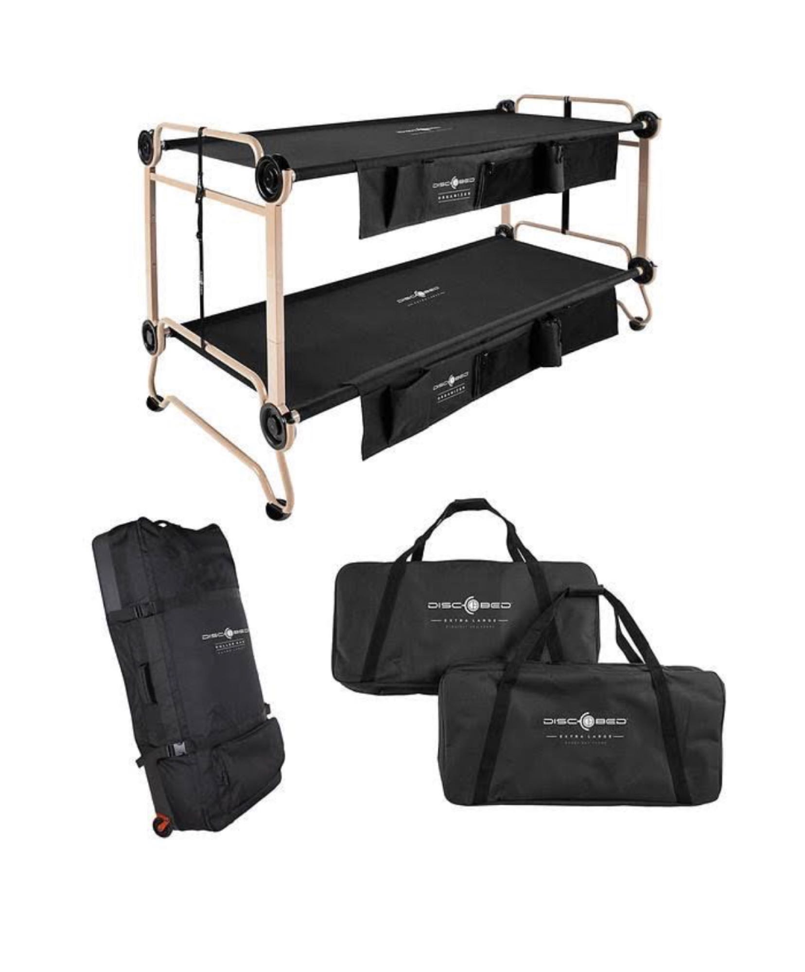 A versatile Disc-O-Bed portable bunk bed and carry bags, ideal for RV rental or camping trips, offering compact sleep solutions.. Ford 350 2015